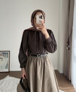Yakası Bağcıklı Kısa Poplin Gömlek Acı Kahve