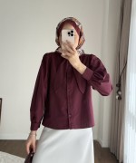 Yakası Bağcıklı Kısa Poplin Gömlek Bordo