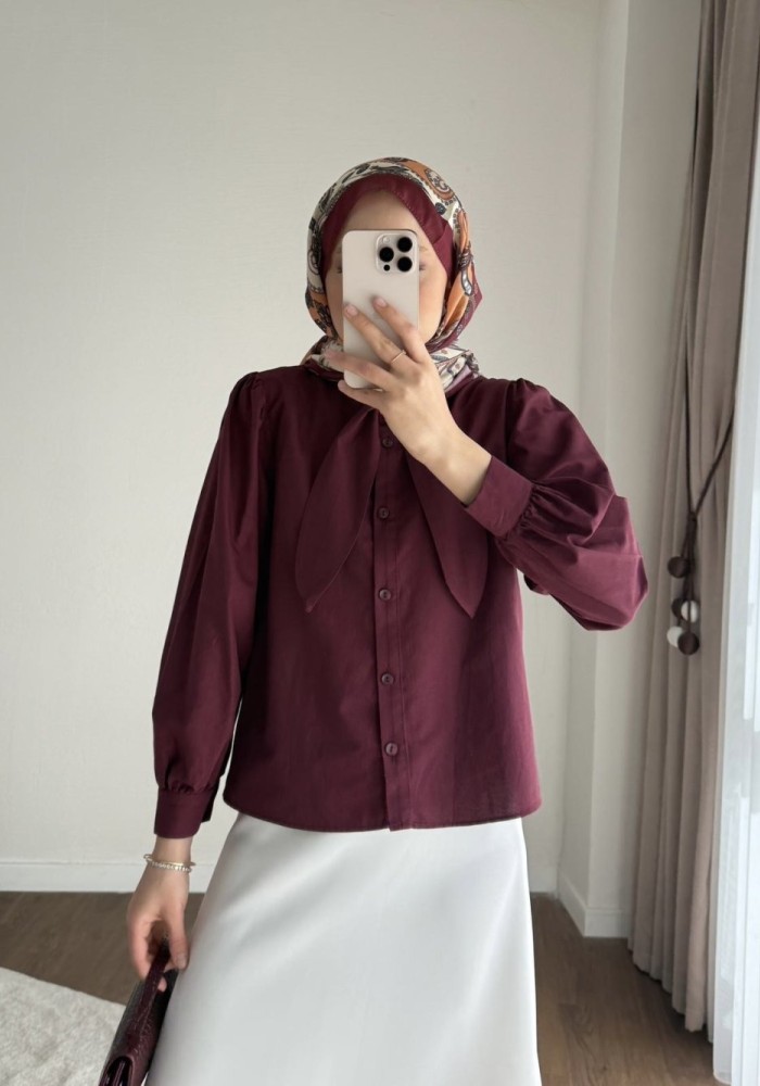 Yakası Bağcıklı Kısa Poplin Gömlek Bordo