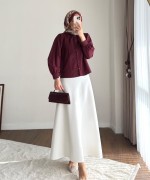 Yakası Bağcıklı Kısa Poplin Gömlek Bordo