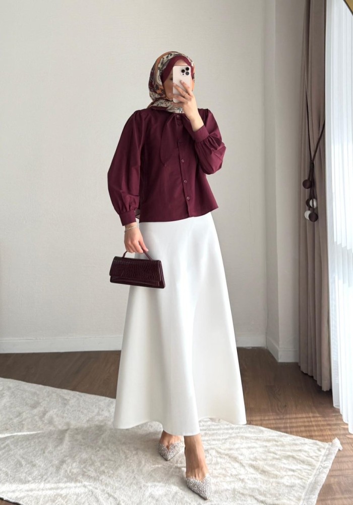 Yakası Bağcıklı Kısa Poplin Gömlek Bordo