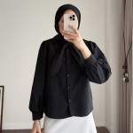 Yakası Bağcıklı Kısa Poplin Gömlek Siyah