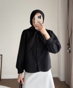 Yakası Bağcıklı Kısa Poplin Gömlek Siyah