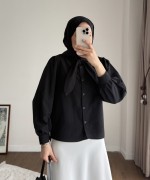 Yakası Bağcıklı Kısa Poplin Gömlek Siyah