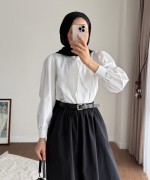 Yakası Bağcıklı Kısa Poplin Gömlek Beyaz