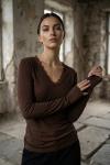 V Yaka Dantelli Body Acı Kahve