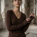 V Yaka Dantelli Body Acı Kahve