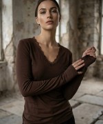 V Yaka Dantelli Body Acı Kahve