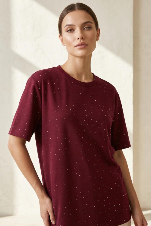 Taşlı Modal Tişört Bordo