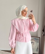 Dantel Yakalı Kısa Gömlek Pembe
