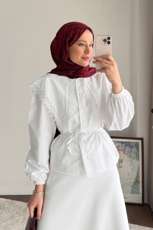 Dantel Yakalı Kısa Gömlek Ekru