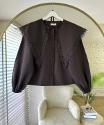Dantel Yakalı Kısa Gömlek Koyu Kahverengi