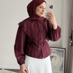 Dantel Yakalı Kısa Gömlek Bordo