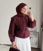 Dantel Yakalı Kısa Gömlek Bordo
