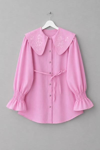 Yakası Nakışlı Gömlek Pembe