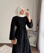 Yarım Patlı Brode Elbise Siyah