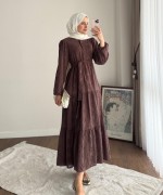 Yarım Patlı Brode Elbise Kahverengi