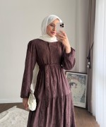 Yarım Patlı Brode Elbise Kahverengi