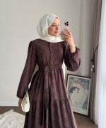 Yarım Patlı Brode Elbise Kahverengi