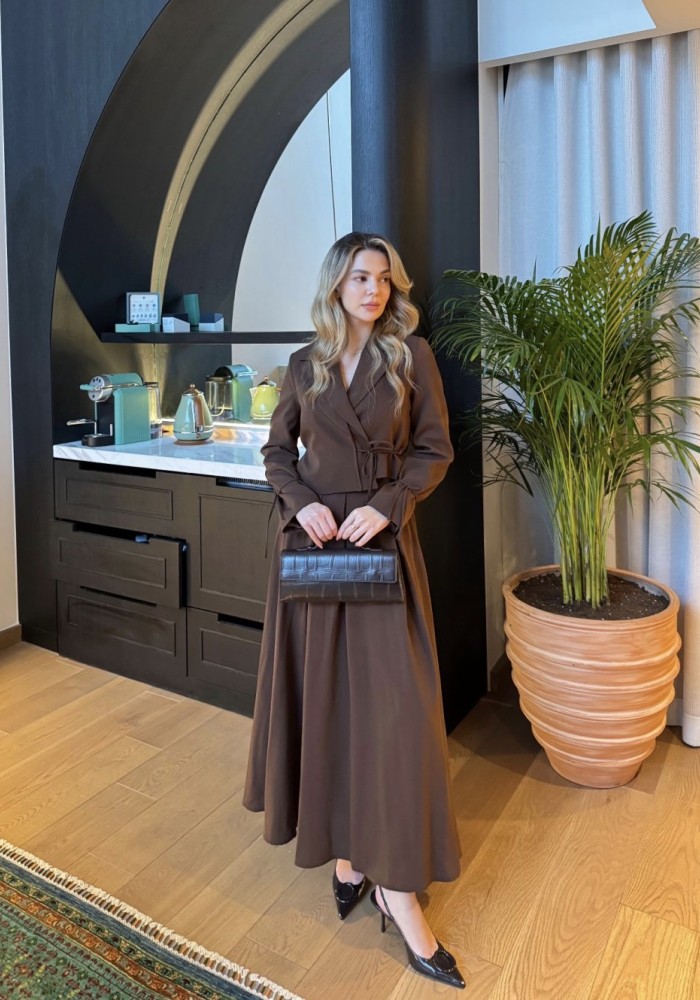 Yaka Detaylı Etekli Takım Acı Kahve