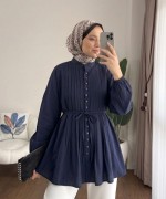 Brit Düğmeli Nervürlü Gömlek Koyu Lacivert