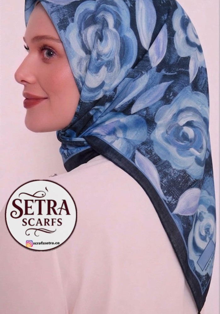 Gül Desenli Kehribar Eşarp Siyah-Lacivert
