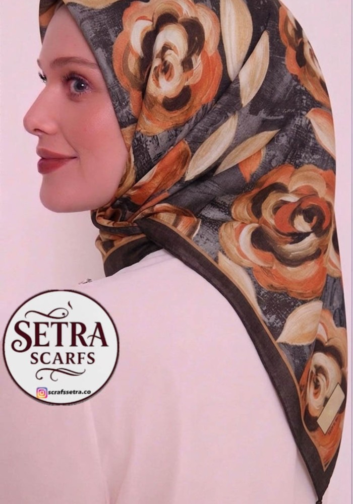 Gül Desenli Kehribar Eşarp Turuncu