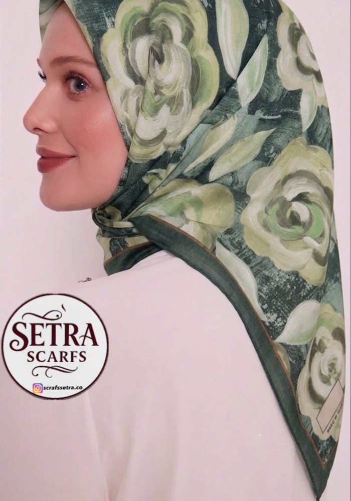 Gül Desenli Kehribar Eşarp Yeşil