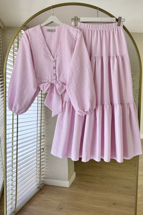 Önü Bağlamalı Gofre Takım Açık Pembe