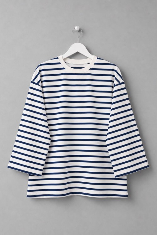 Bisiklet Yaka Çizgili Sweatshirt Lacivert