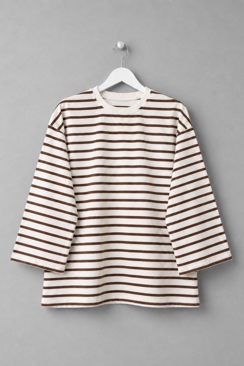 Bisiklet Yaka Çizgili Sweatshirt Acı Kahve