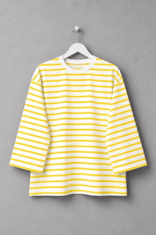 Bisiklet Yaka Çizgili Sweatshirt Sarı