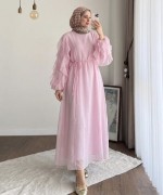 Kolu Fırfırlı Vual Elbise Pembe