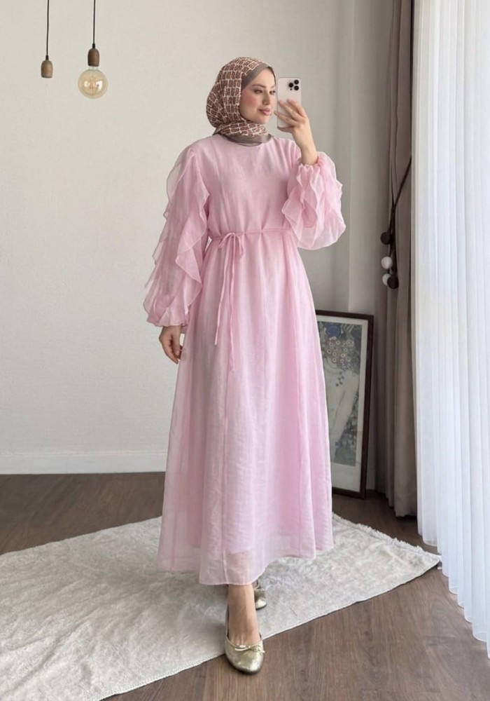 Kolu Fırfırlı Vual Elbise Pembe