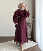 Kolu Fırfırlı Vual Elbise Mürdüm