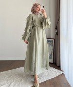 Kolu Fırfırlı Vual Elbise Yeşil