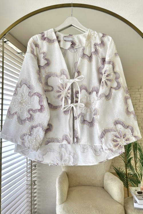 Pul Nakışlı Keten Kimono Bordo