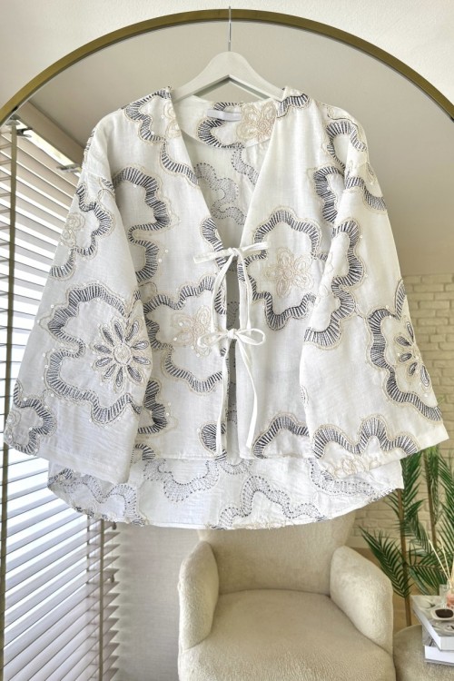 Pul Nakışlı Keten Kimono Siyah