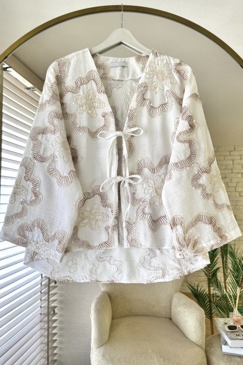 Pul Nakışlı Keten Kimono Taba
