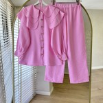 Yaka Detaylı Pantolonlu Takım Pembe