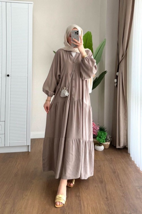 Yarım Patlı Oversize Modal Elbise Vizon