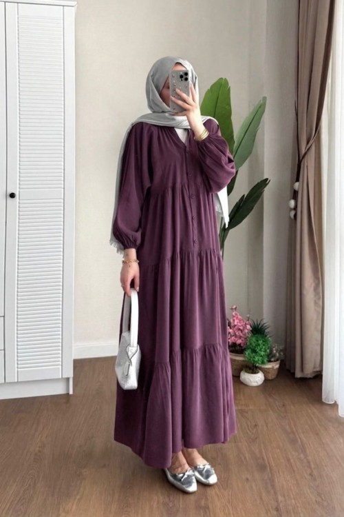 Yarım Patlı Oversize Modal Elbise Mürdüm