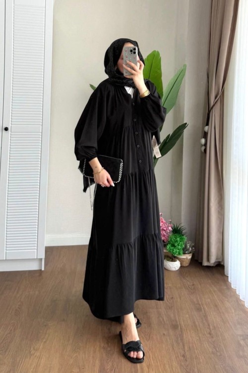 Yarım Patlı Oversize Modal Elbise Siyah