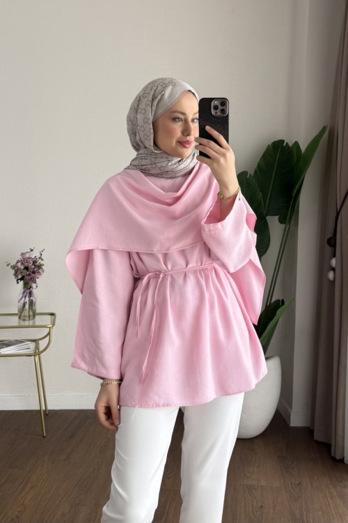 Şal Detaylı Modal Tunik Pembe
