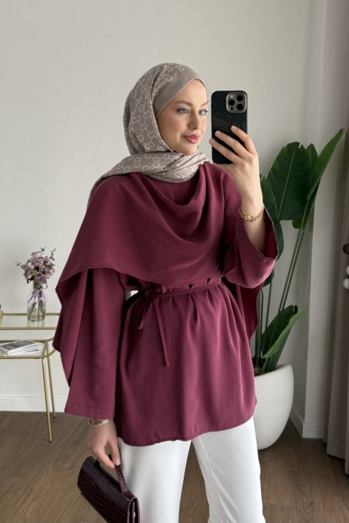 Şal Detaylı Modal Tunik Bordo