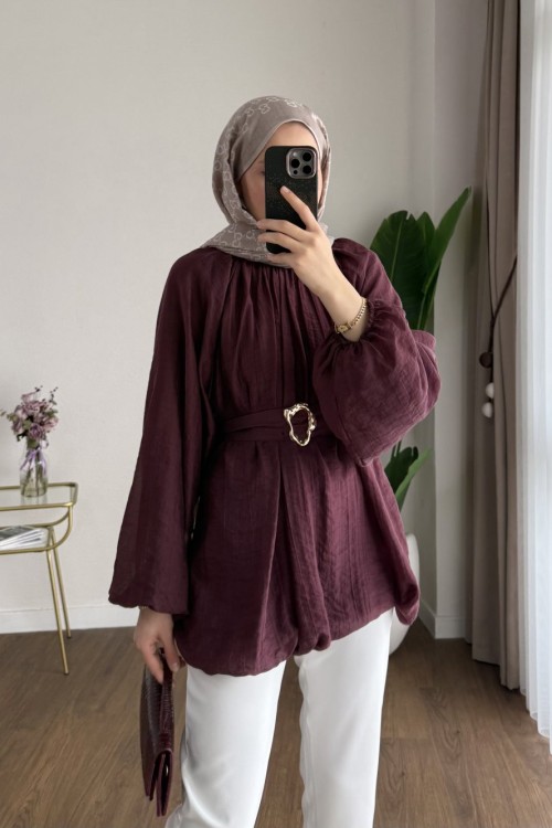 Bubble Kemerli Tunik Mürdüm