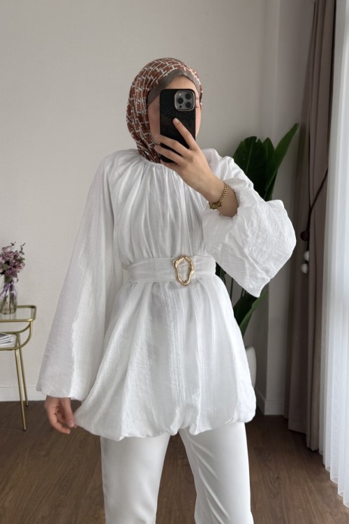 Bubble Kemerli Tunik Beyaz