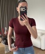 V Yaka Dantelli Tişört Bordo