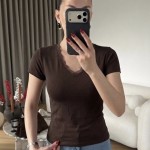 V Yaka Dantelli Tişört Acı Kahve