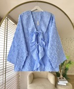 Önü Fırfırlı Püsküllü Kimono Mavi
